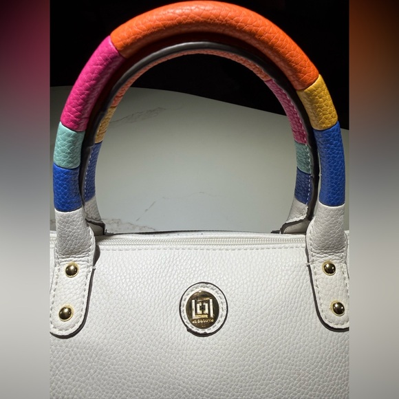 LIZ CLAIBORNE Large Tote, Crossbody or Shoulder white, rainbow colored handles - Picture 2 of 12